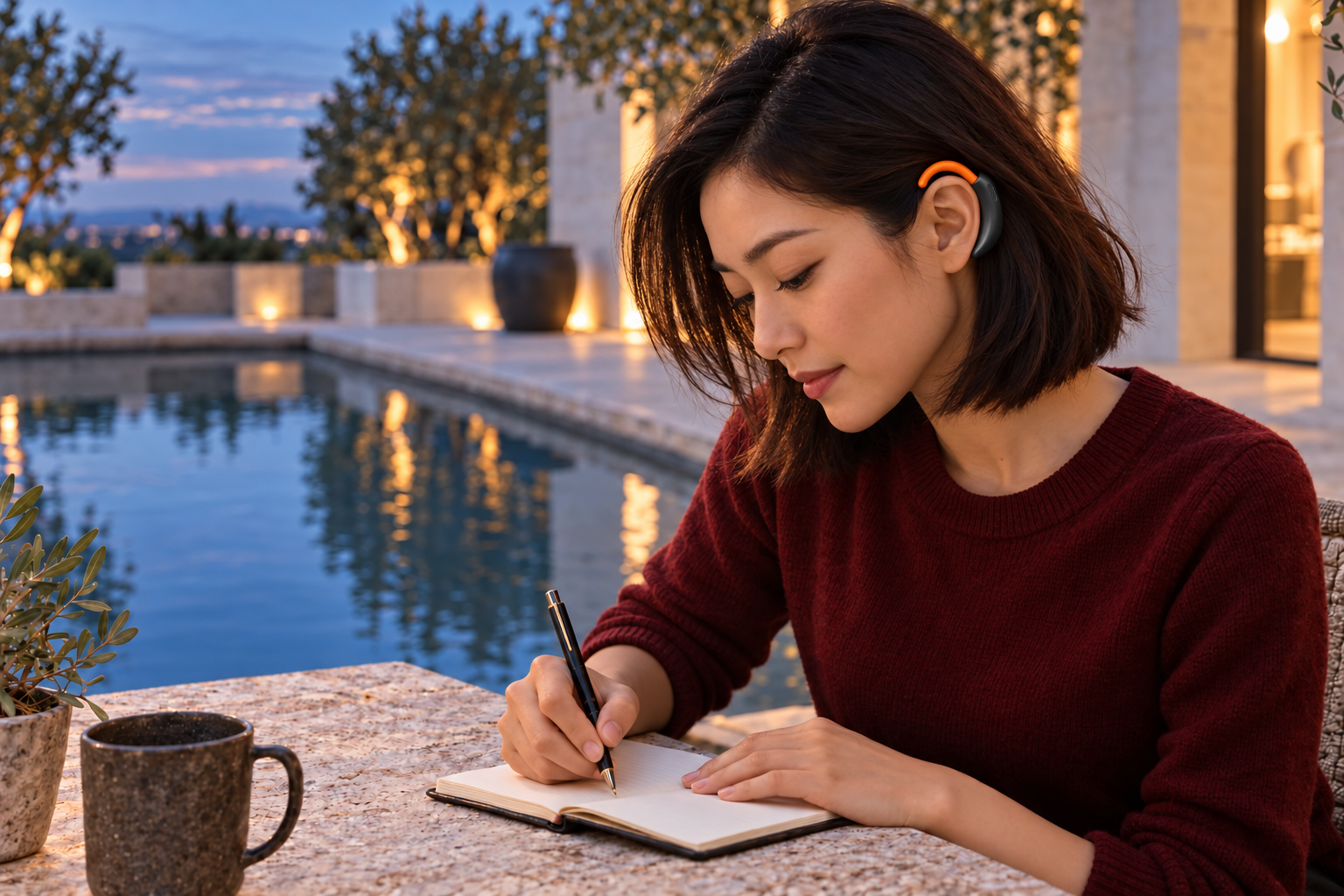 A woman wearing orange Jalapeño looks down thoughtfully while writing in her notebook beside a courtyard pool