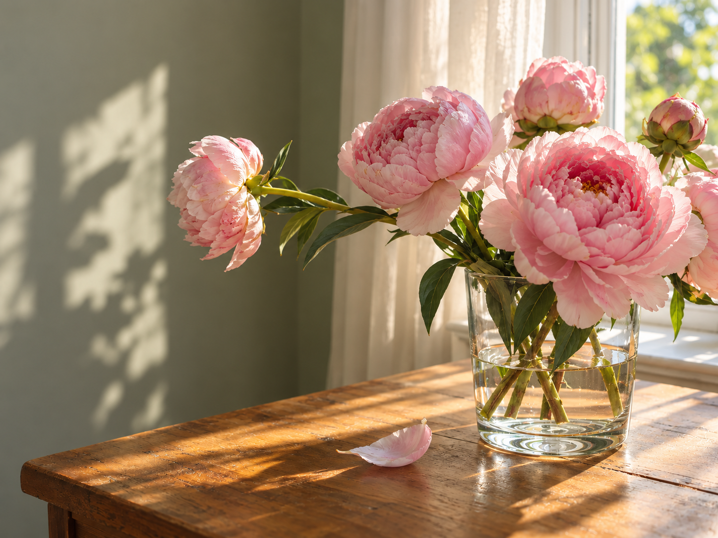 Pink peonies beside a sunlit window, an illustration of a personal memory.